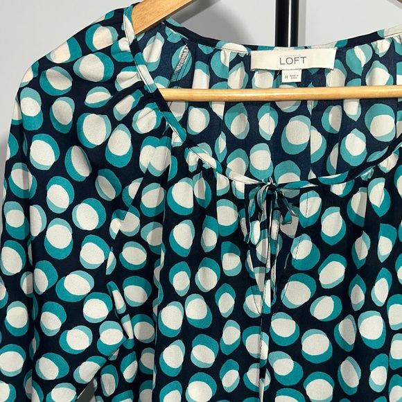 LOFT Teal, Cream and Navy Blue 3/4 Sleeve Blouse Top Size Medium - Picture 2 of 13